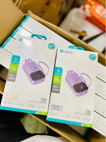 Pin sạc nhanh 66W DVIP DV-G25 20.000mAh có màn hình hiển thị % pin kèm 2 cáp liền thân, nhỏ gọn có dây đeo [BH: 6 THÁNG]