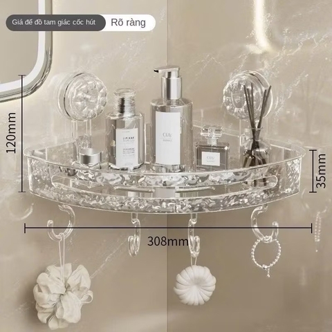 Kệ nhà tắm góc tường trong suốt kèm 4 móc treo tiện lợi [BH:NONE]