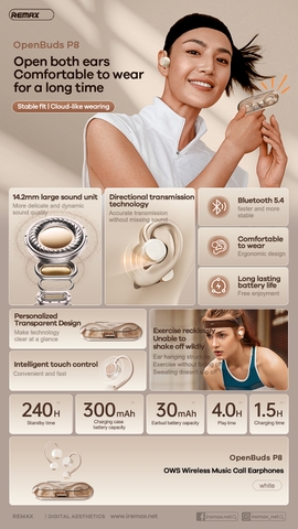 Tai nghe bluetooth REMAX OpenBuds P8 mẫu móc tai airpods siêu đẹp [Bh 1 Năm]