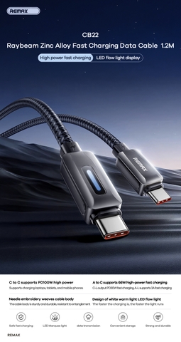 Cáp sạc nhanh 240w REMAX CB22 C-C cáp TypeC ra Type C chất liệu hợp kim dài 1m2 có đèn led siêu đẹp