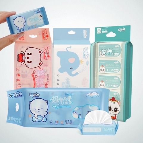 Khăn Giấy Ướt Mini Set 8 Gói (64 tờ) Dễ Thương Bỏ Túi Tiện Lợi