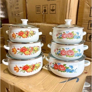 Bộ 3 nồi có 2 tay cầm tráng men sứ kèm 3 nắp 3 size {Kiểm bể tại cửa hàng} [BH: None]
