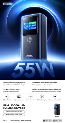 Pin sạc dự phòng REMAX FP-7 10000mAh sạc nhanh 55w+22.5w có màn hình hiển thị phần trăm pin, số W siêu đẹp