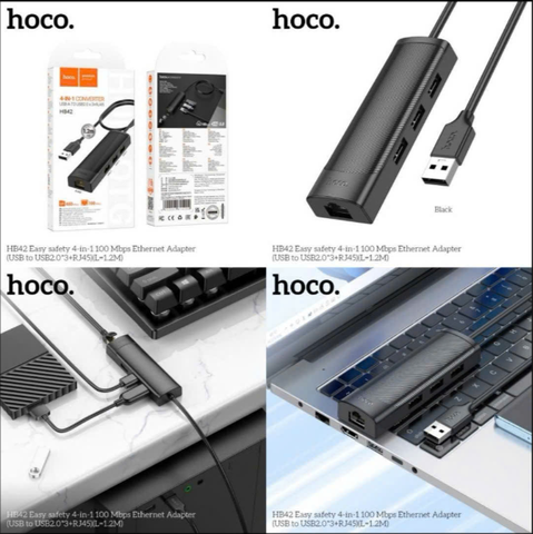 Cáp chuyển đổi USB 4in1 HOCO HB42 USB ra 3 cổng USB kèm 1 Cổng LAN, dây dài 1m2 siêu tiện lợi