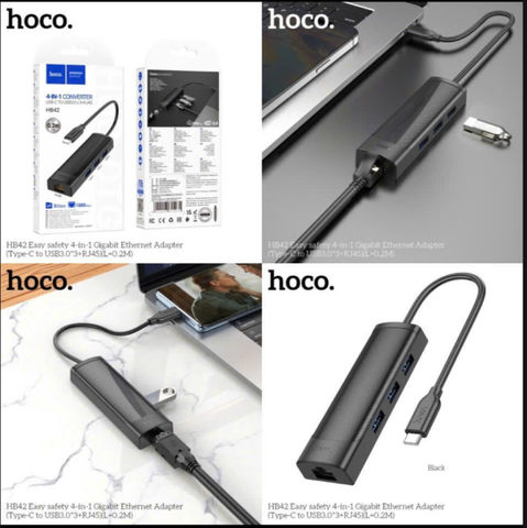 Cáp chuyển đổi TYPE C 4in1 HOCO HB42 TYPE C ra 3 cổng USB kèm 1 Cổng LAN, dây dài 20cm siêu tiện lợi