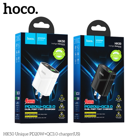 Cóc sạc nhanh 2 cổng Hoco HK50 {1 cổng usb QC3.0 + 1 cổng type c PD20w} cho iPhone 11 12 13 Pro Max chính hãng [BH 1 năm]