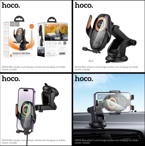 Giá đỡ điện thoại HOCO HW34 kiêm sạc không dây từ tính mẫu hít Taplo, kính chắn gió siêu chắn chắn xoay 360 độ [NONE]