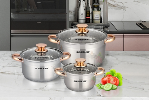 Nồi inox 5 đáy (bộ combo 3 cái) Sunhouse 781 cao cấp kèm nắp kính size 16 20 24 [BH: NONE]