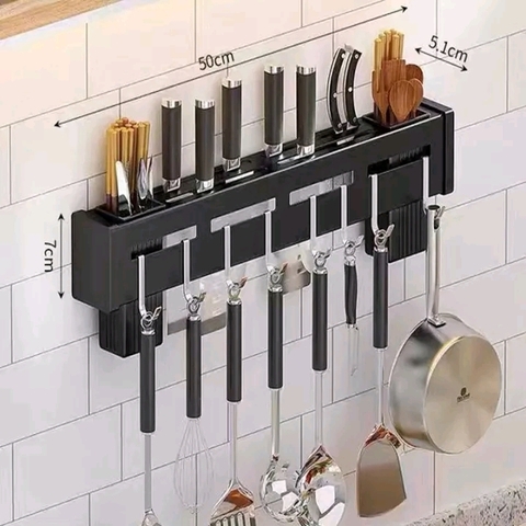 Kệ để dao thớt có chỗ cắm đũa muỗng kèm móc treo sạn, vá dán tường tiện dụng [BH: NONE]