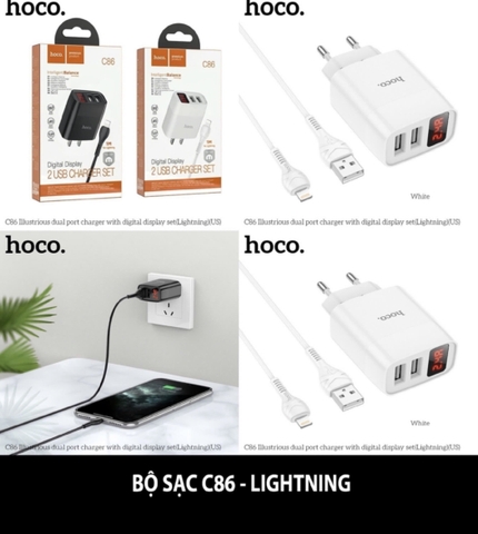 Bộ sạc nhanh 2.4A Hoco C86 iPhone 2 cống (cóc 2 cổng Usb A, cáp Usb ra lightning iphone a-l) có LCD hiển thị chính hãng [BH: 1 năm]