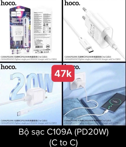 Bộ sạc nhanh PD20W HOCO C109A EU 1 CỔNG (CÓC 1 CỔNG TYPE C; CÁP 2 ĐẦU TYPE C; C-C)