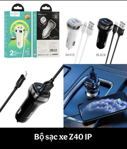 Tẩu sạc nhanh 2.4A Hoco Z40 iPhone tẩu 2 cổng sạc usb có led kèm theo cáp Lightning iPhone chính hãng [BH 1 tháng]]