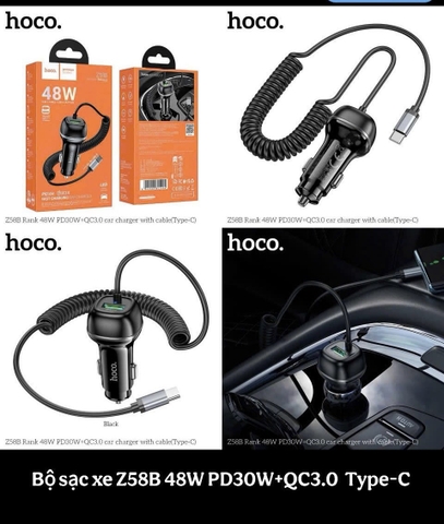 Cóc sạc nhanh xe hơi ô tô 48W cổng kép HOCO Z58B Type C (PD30W+ QC3.0 Type C ) chính hãng [BH 1 năm]