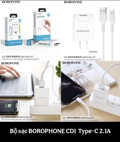 Bộ sạc nhanhh 2.1A BOROFONE CD1 Type C 1 cổng US (cóc 1 cổng usbA kèm cáp usbA ra Type c; A-C)