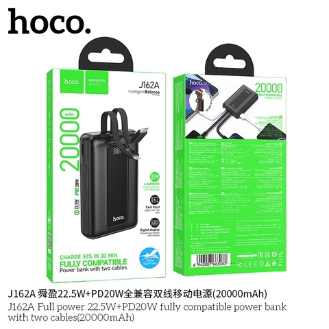 Pin sạc dự phòng HOCO J162A 20.000mAh sạc nhanh 22.5w pin có màn hình LCD kèm 2 cáp liền pin siêu tiện lợi