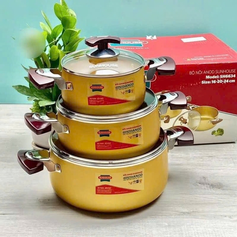 Bộ 3 Nồi Anod SH6634 màu vàng cao cấp kèm nắp kính size 16 20 24 [BH: NONE]