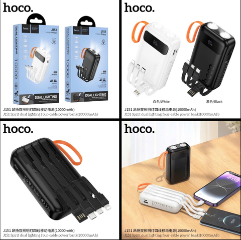 Pin sạc dự phòng HOCO J151 10.000mAh pin kèm 4 dây sạc liền thân kèm đèn pin siêu sáng