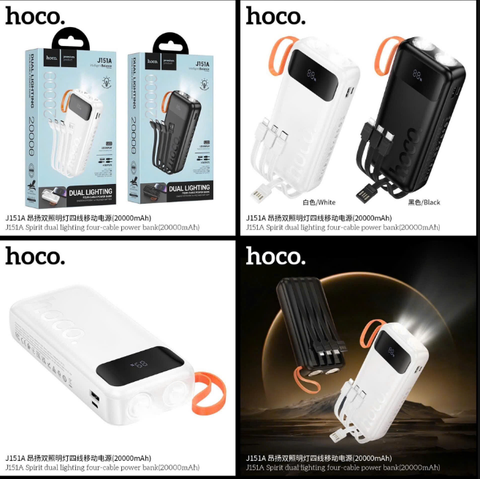Pin sạc dự phòng HOCO J151A 20.000mAh pin kèm 4 dây sạc liền thân kèm đèn pin siêu sáng