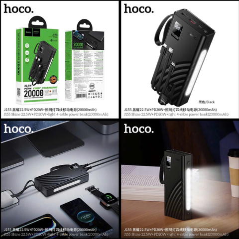 Pin sạc dự phòng HOCO J155 20.000mAh sạc nhanh 22.5w+PD20w kèm 4 dây liền pin kiêm đèn pin siêu tiện lợi