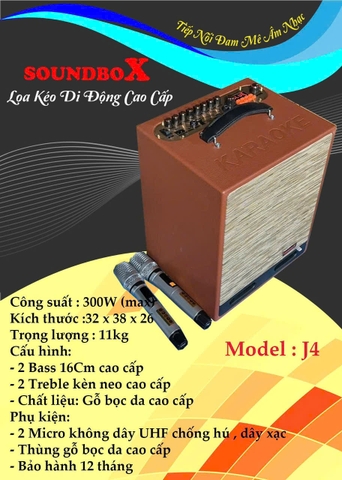 Loa bluetooth karaoke SOUNDBOX J4 loa bọc giả da cao cấp kèm 2 micro chống hú