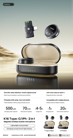 Micro thu âm không dây REMAX K16 IPHONE 2 micro kèm dock sạc 70mAh/500mAh chính hãng [BH 1 Năm]