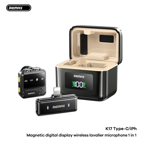 Micro thu âm không dây REMAX K17 IPHONE 1 micro kèm dock sạc có hiển thị phần trăm pin 80mAh/300mAh chính hãng [BH 1 Năm]