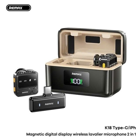 Micro thu âm không dây REMAX K18 Type C 2 micro kèm dock sạc có hiển thị phần trăm pin 80mAh/650mAh chính hãng [BH 1 Năm]