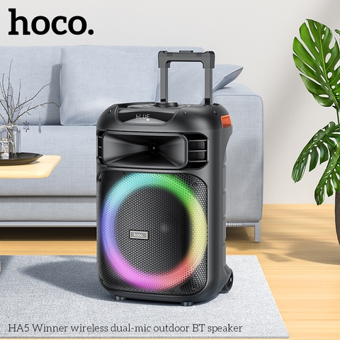 Loa bluetooth karaoke Hoco HA5 kiểu vali có bánh xe tặng kèm 2 micro không dây chính hãng [BH: 1 NĂM]
