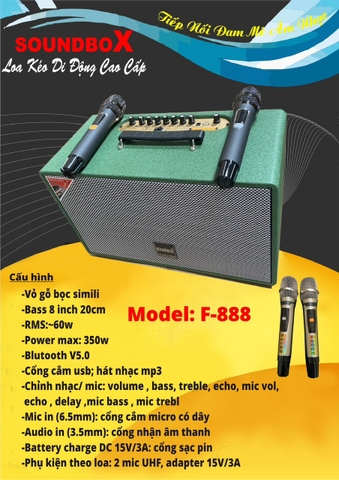 Loa xách tay SoundBox F888 bass 20 chính hãng kèm 2 micro không dây [BH 6 tháng]