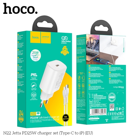 Bộ sạc nhanh PD25W Hoco N22 iPhone 11 12 13 ( cóc 1 cổng type c + cáp type c ra iphone lightning [c-l] ) chính hãng [BH: 1 NĂM]