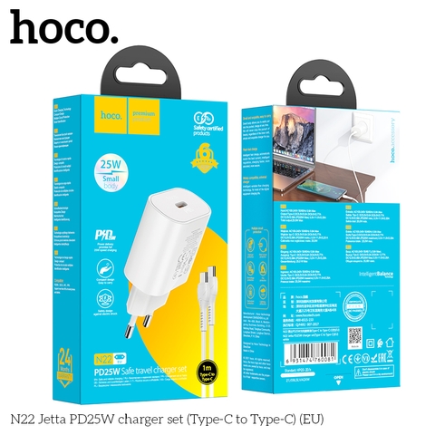Bộ sạc nhanh PD25W Hoco N22 type c ( cóc 1 cổng type c + cáp 2 đầu type c) chính hãng [BH: 1 NĂM]