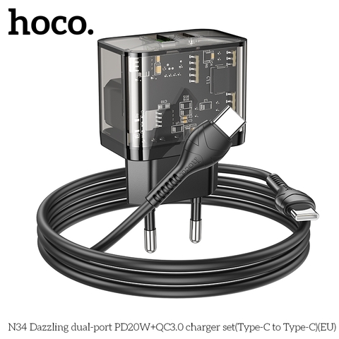 Bộ sạc nhanh PD20W Hoco N34 Type C [cóc 2 cổng TRONG SUỐT lộ mạch (1 cổng usb+ 1 cổng type c), cáp type c ra type C (C-C)] chính hãng [BH: 1 NĂM]