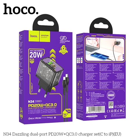 Bộ sạc nhanh 20W Hoco N34 (c-l) [cóc 2 cổng TRONG SUỐT lộ mạch (1 cổng usb+ 1 cổng type c), cáp type c ra iphone lightning (c-l)] chính hãng [BH: 1 NĂM]