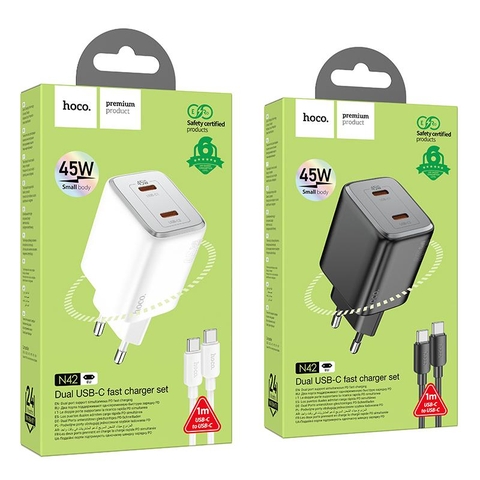 Bộ sạc nhanh 45w Hoco N42 (C-C) 2 đầu Type C ra Type C, cóc 2 cổng Type C chính hãng [Bh 1 Năm]
