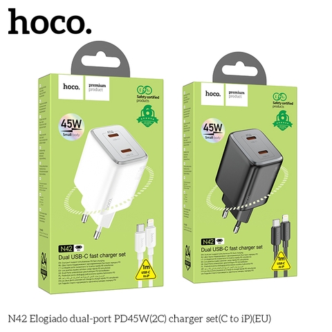 Bộ sạc nhanh 45w HOCO N42 cóc 2 cổng sạc Type C kèm cáp Type C ra Iphone (C-L) chính hãng [BH 1 Năm]