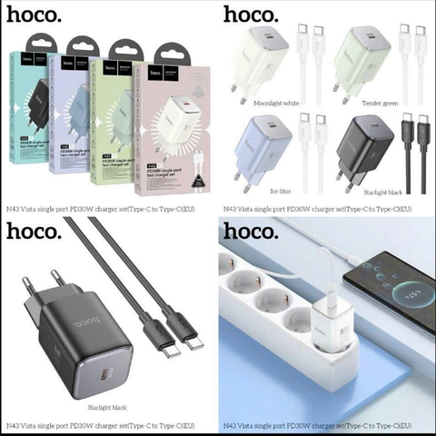 Bộ sạc nhanh 30w HOCO N43 cóc 1 cổng Type C kèm cáp 2 đầu Type C (C-C) chính hãng