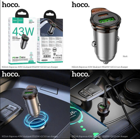 Tẩu sạc xe hơi oto HOCO NZ16A tẩu sạc nhanh 43w có 2 cổng 1 cổng usb 1 cồng Type C chính hãng