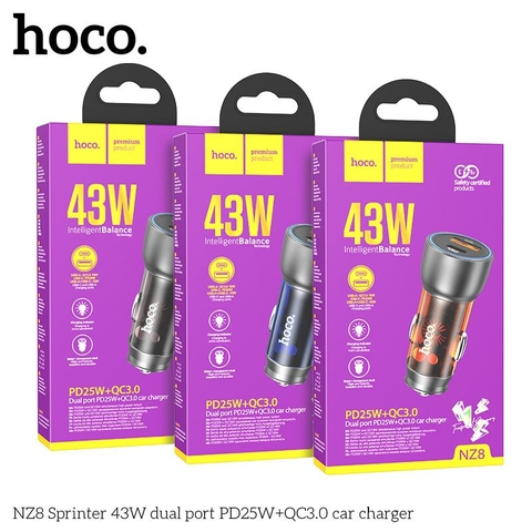 Tẩu sạc nhanh xe hơi oto HOCO NZ8 1 cổng usb 1 cổng type C sạc nhanh 43w pd25w+QC3.0 chính hãng [BH 1 Năm]