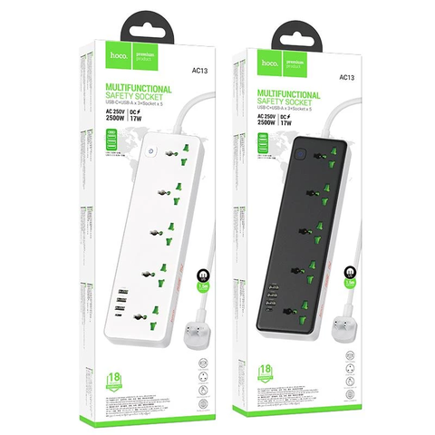 Ổ cắm điện Hoco chính hãng AC13 gồm 5 lỗ cắm 2/3 chấu + 3 cổng USB+ 1 cổn Type C chính hãng [BH: 1 năm] QT8