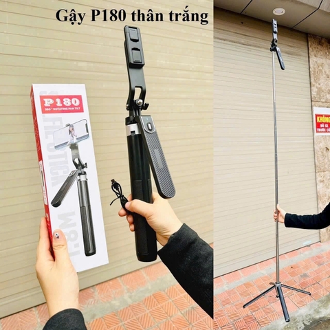 Gậy chụp hình P180 thân trắng CAO 1m8 kiêm gậy 3 chân có remote siêu tiện lợi