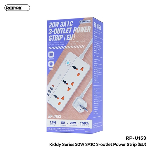 Ổ cắm điện REMAX RP-U153 (EU) sạc nhanh 20w 3 cổng usb vs 1 cổng type-c vs 3 lỗ cắm 2500w dây dài 1.5m chính hãng [BH 1 năm]