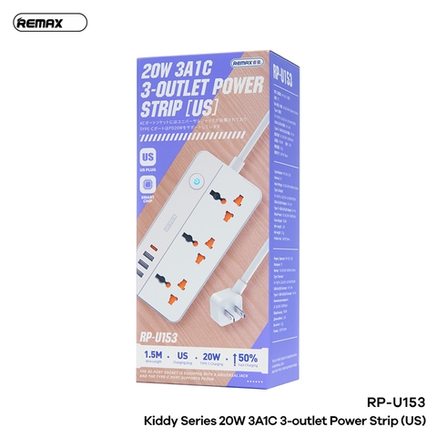 Ổ cắm điện REMAX RP-U153 (US) sạc nhanh 20w 3 cổng usb vs 1 cổng type-c vs 3 lỗ cắm 2500w dây dài 1.5m chính hãng [BH 1 năm]
