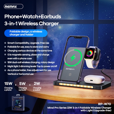 Đế sạc nhanh 22w Remax RP-W70 3in1 không dây Đa năng chính hãng [BH: 1 NĂM]