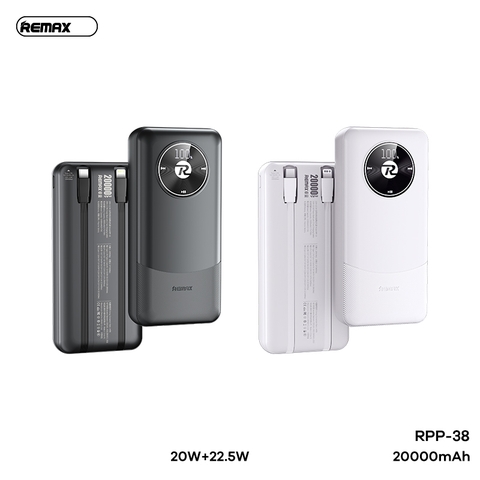 Pin sạc nhanh 22.5W Remax RPP-38, dung lượng 20.000mAh, kèm 2 cáp liền thân, có màn hình led hiển thị % pin chính hãng [BH: 1 NĂM]