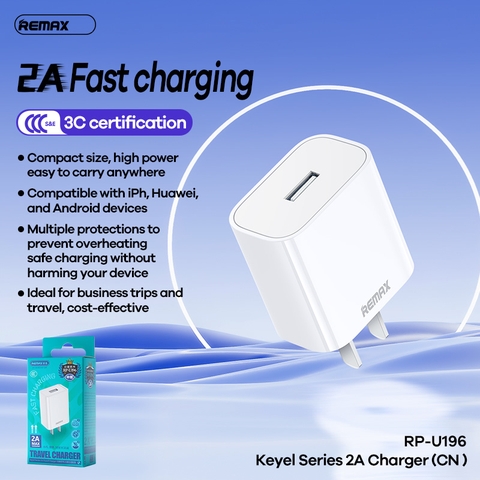 Cóc sạc nhanh 2A REMAX RP-U196 (1 cổng usb) chính hãng [BH 1 năm]