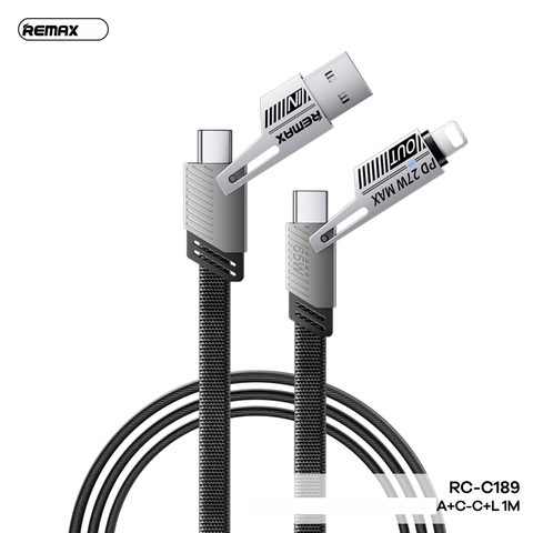 Cáp sạc nhanh 65w REMAX RC-C189 1.2m 4 đầu đa năng 4in1 chính hãng [BH 1 năm] (usb ra iphone, usb ra type-c, typec ra lightning, 2 đầu type c)