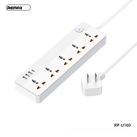 Ổ cắm điện REMAX RP-U160 (US- chân dẹp)  sạc nhanh 30w 3 cổng usb vs 1 cổng type-c vs 5 lỗ cắm 2500w dây dài 1.5m chính hãng [BH 1 năm]