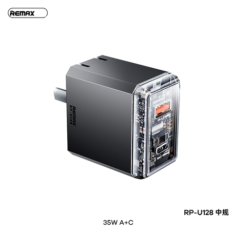 Cóc sạc nhanh 35W Remax RP-U128 CN GaN C+A (1 cổng type-c vs 1 cổng usb) PD QC3.0 chính hãng [BH 1 Năm]