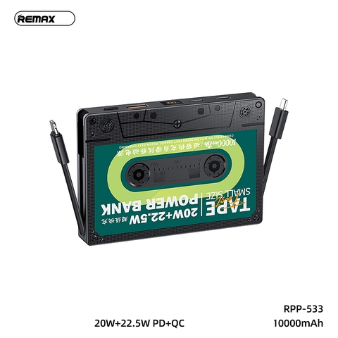 Pin sạc dự phòng REMAX RPP-533 10.000mAh kiểu băng cassette kèm 2 cáp Type C Iphone chính hãng [BH 1 Năm]