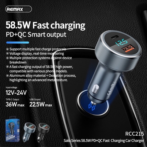 Cóc sạc xe hơi 58.5W 2 cổng Remax RCC-215 sạc nhanh Có màn hình Led (1 cổng USB QC+ 1 Cổng Type C PD 58.5W) chính hãng [BH: 1 NĂM]